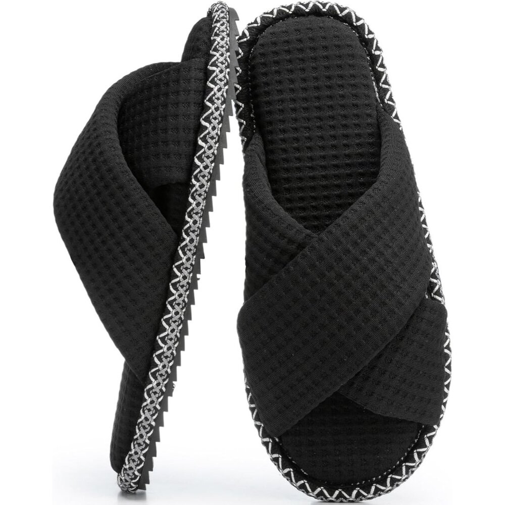 ⚡Women Boho Waffle Black Cotton Memory Foam Bedroom Corduroy Open Toe Shoes